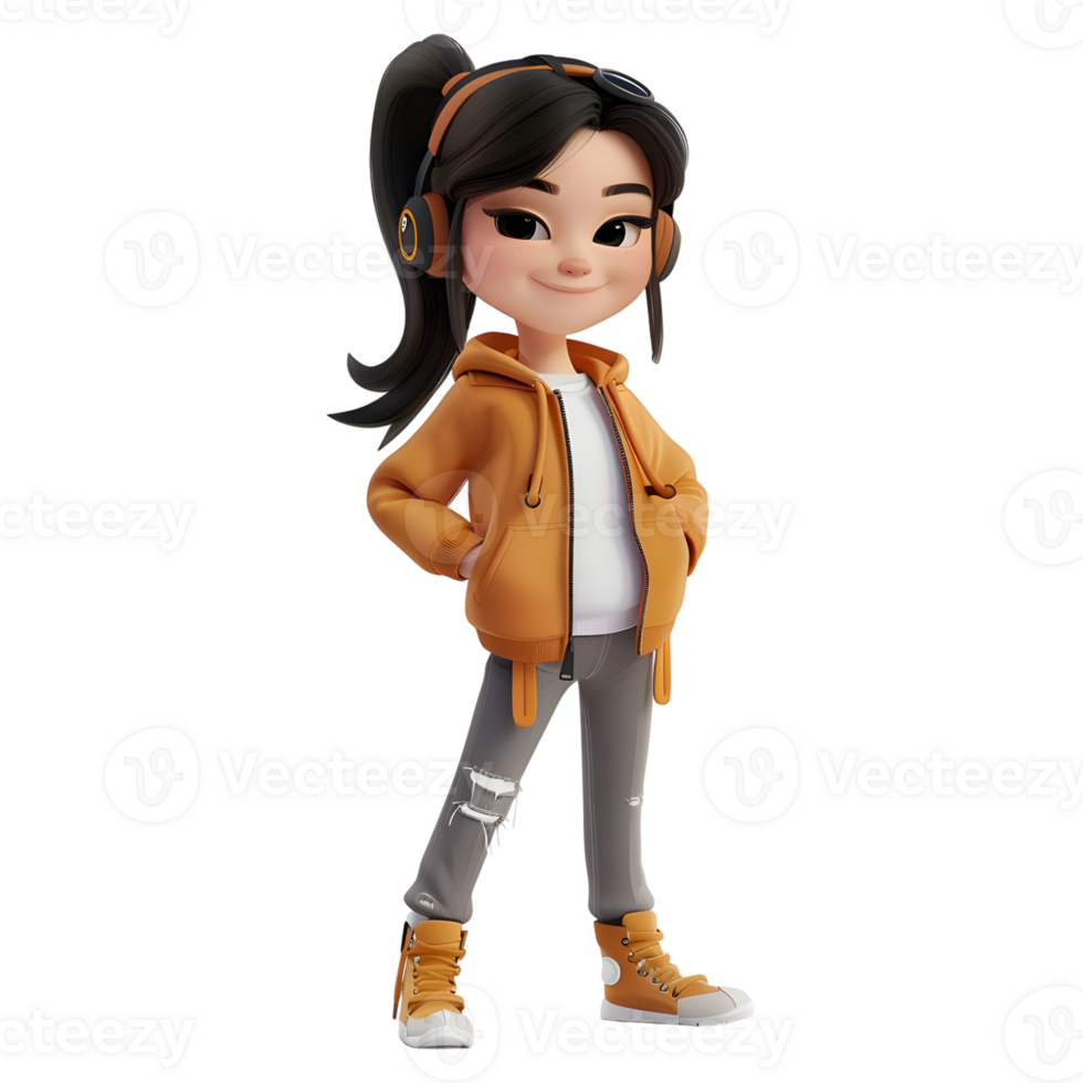 AI generated 3D Rendering of a Cartoon of Girl Having Hands in Pocket Standing on Transparent Background - Ai Generated png