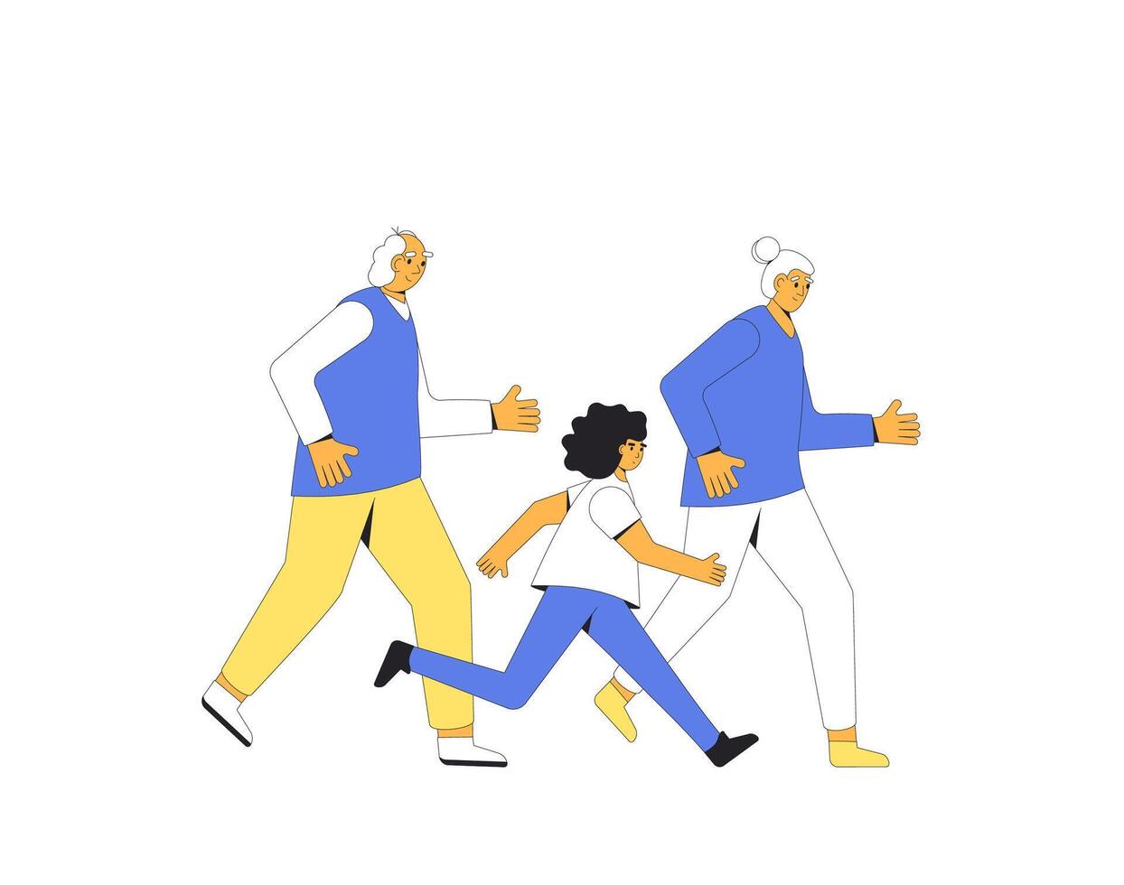Family Running. Joggers. Grandfather, grandmother and granddaughter. vector
