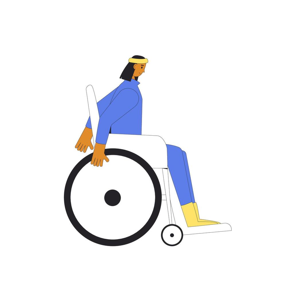 silla de ruedas mujer caminando. inclusión. vector línea Arte ilustración.
