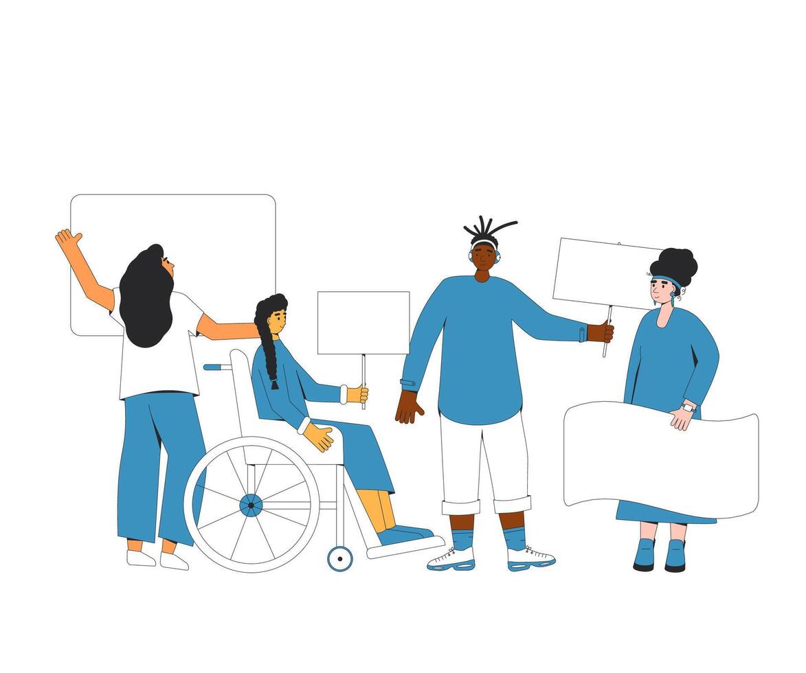 Group of people holding blank banner. vector