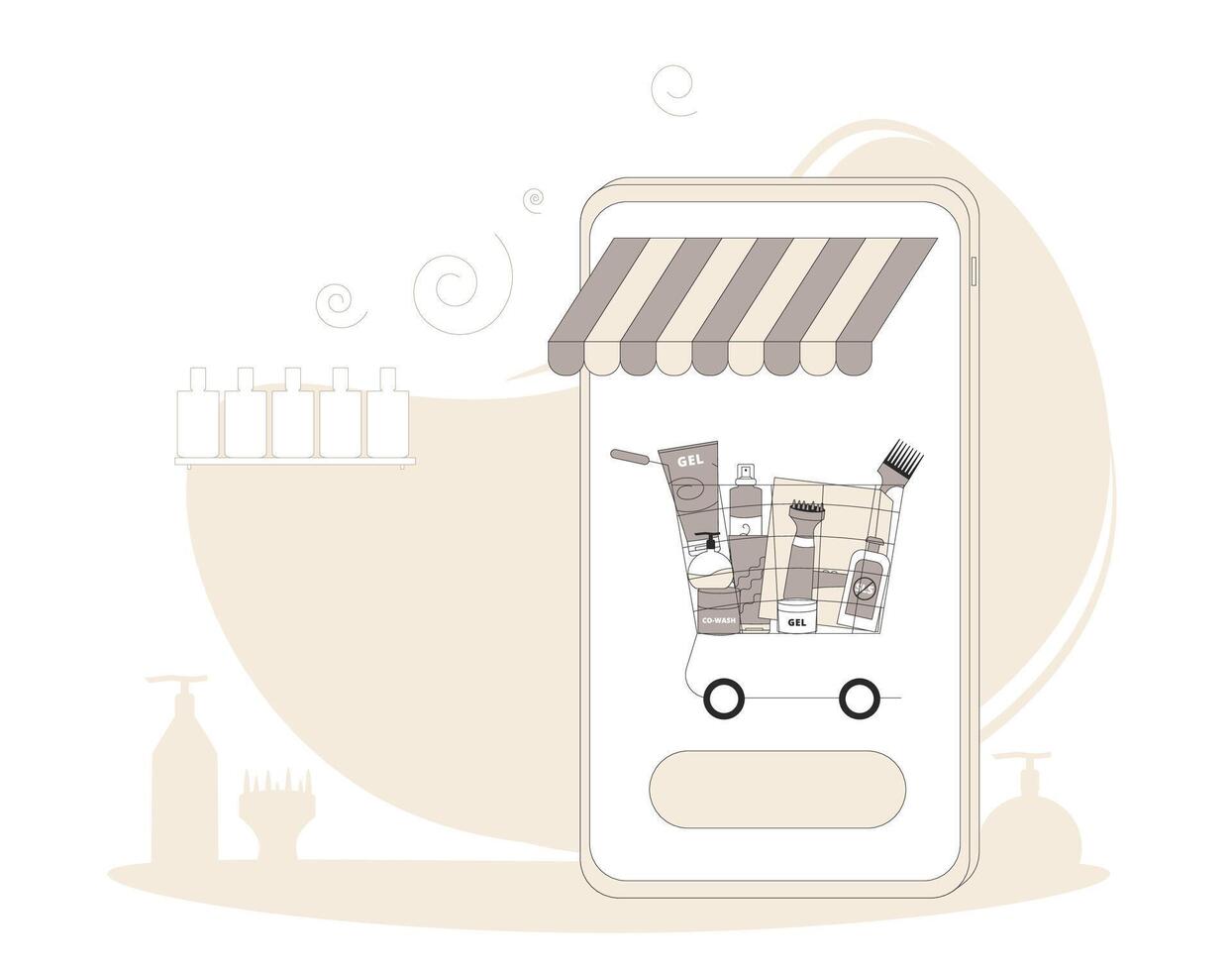 Cosmetics online store. Shopping cart with conditioners, shampoo and hair treatment on smartphone screen. vector