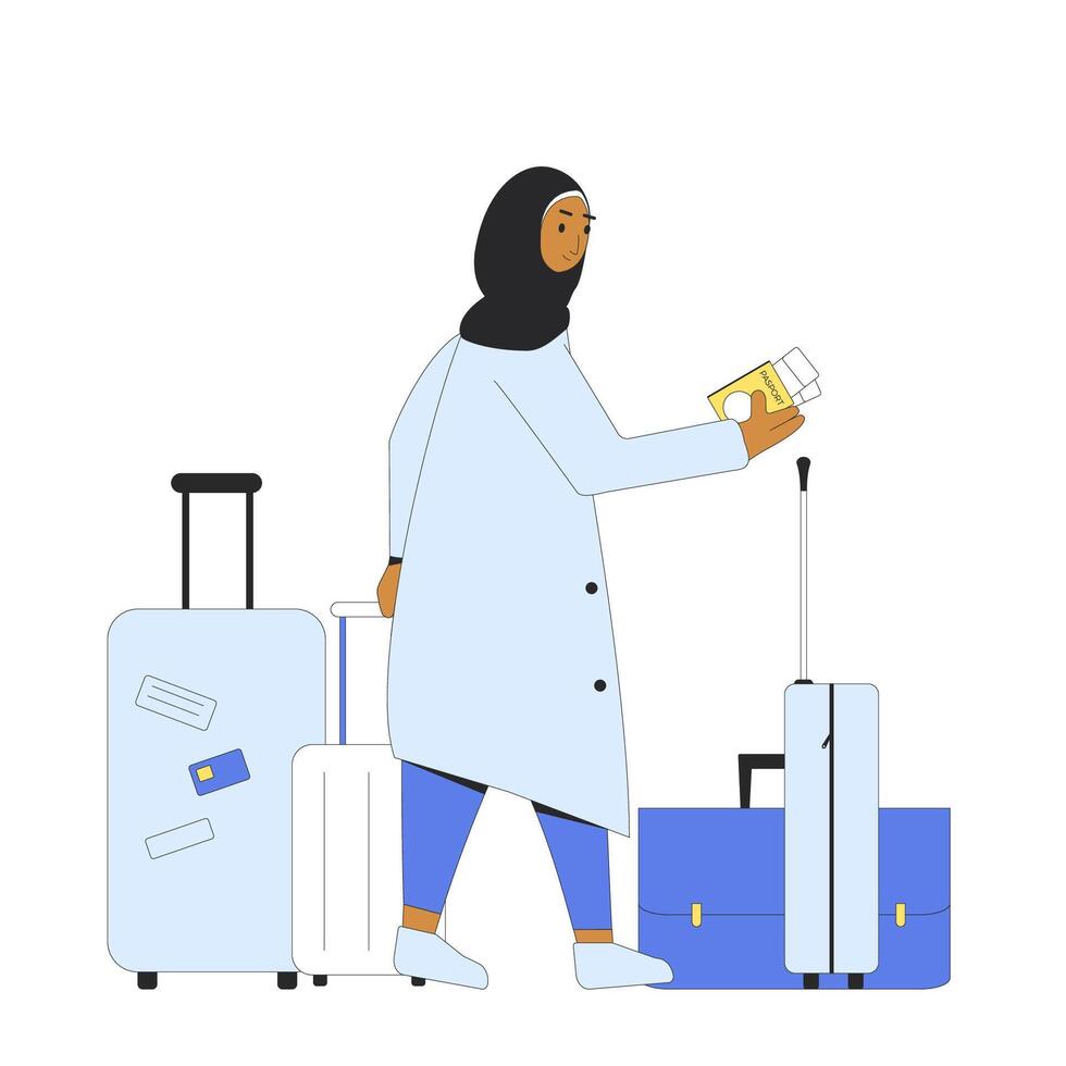 Young woman in hijab with travel bags. vector