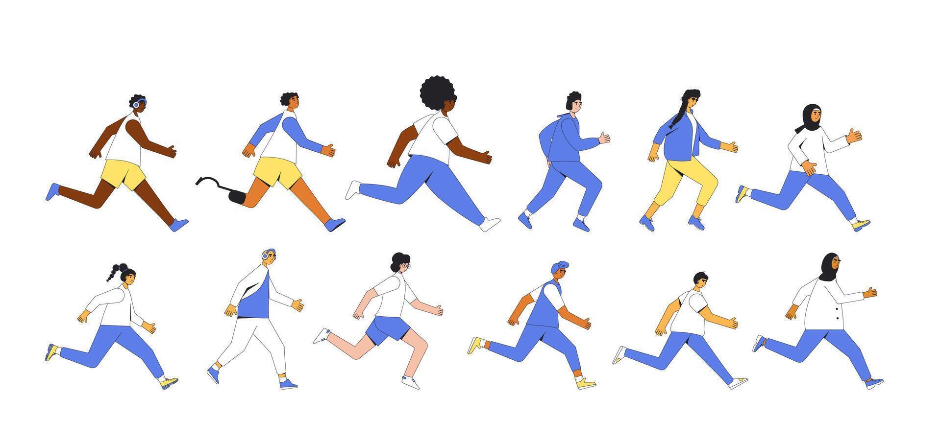 Running people set. Different runners marathon vector