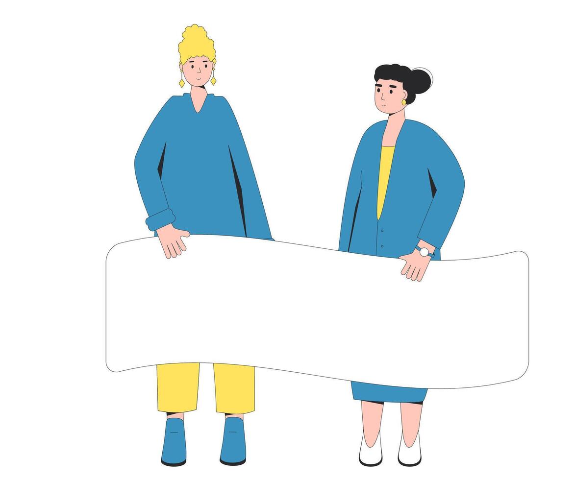 Two women holding blank banner. vector