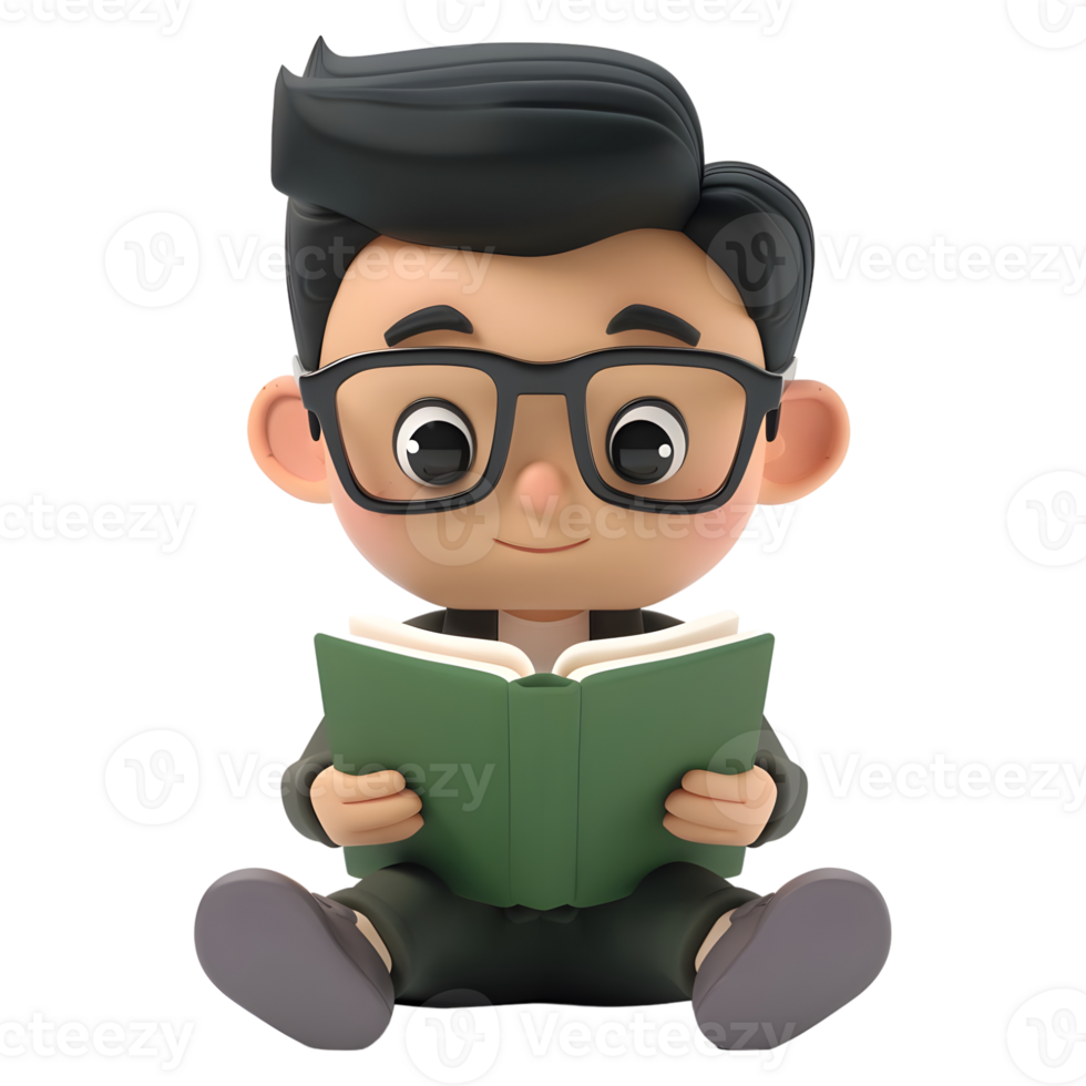 AI generated 3D Rendering of a Cartoon of Boy Sitting and Reading Book on Transparent Background - Ai Generated png