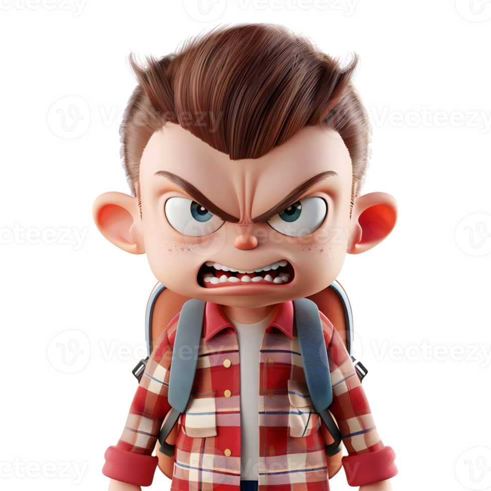 AI generated 3D Rendering of a Cartoon of Angry School Boy Wearing bag on Transparent Background - Ai Generated png