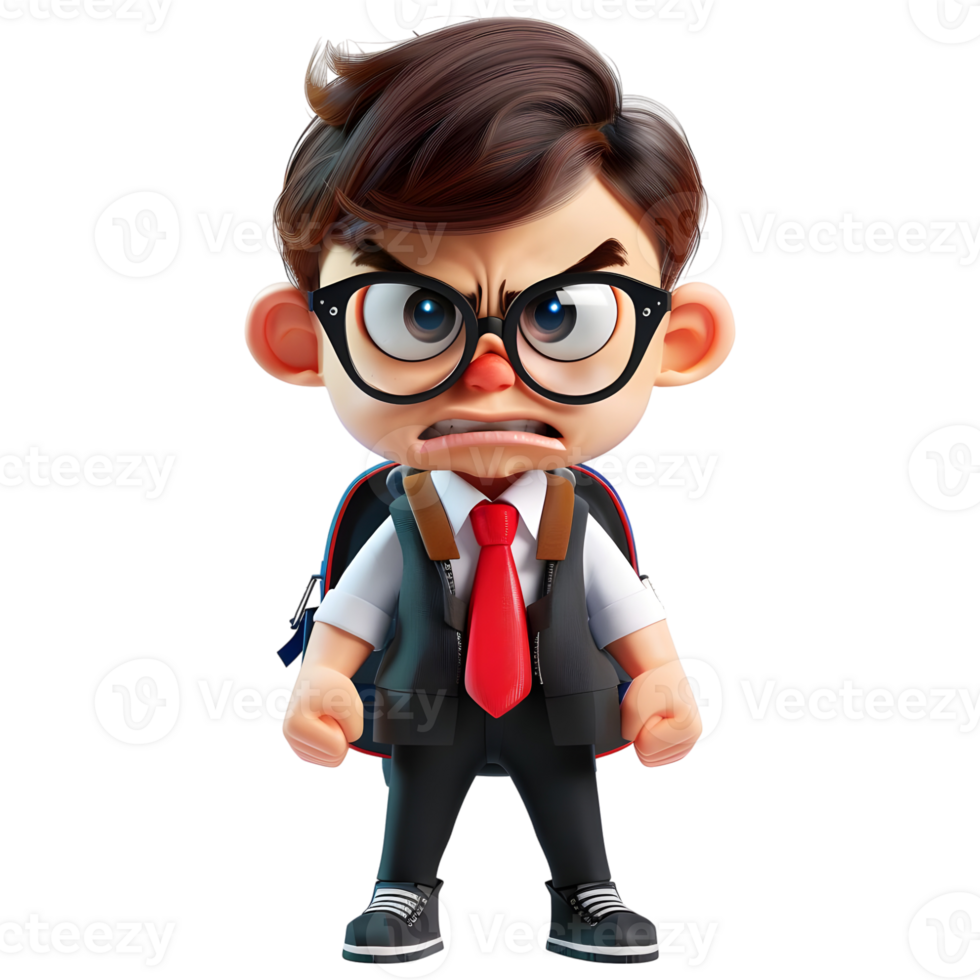 AI generated 3D Rendering of a Cartoon of Angry School Boy Wearing bag on Transparent Background - Ai Generated png