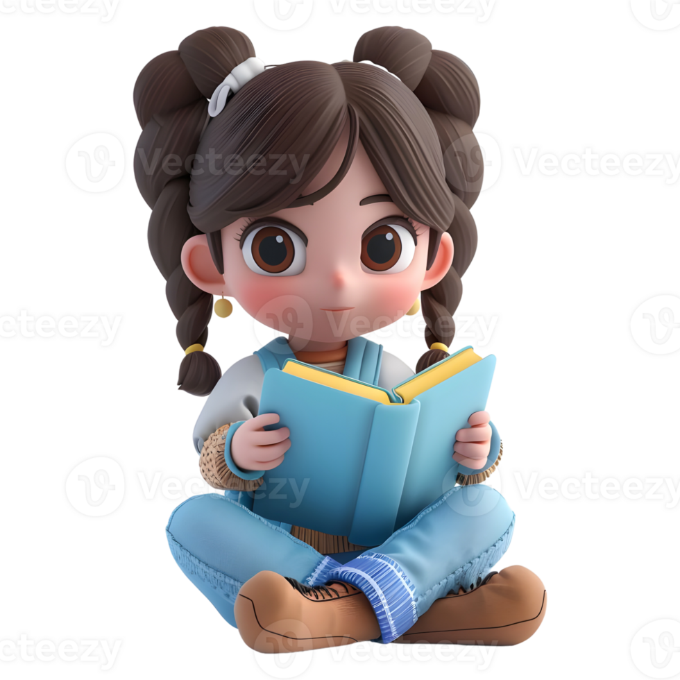 AI generated 3D Rendering of a Cartoon of Girl Sitting and Reading Book on Transparent Background - Ai Generated png