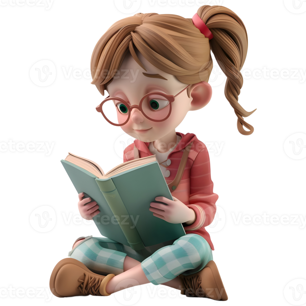 AI generated 3D Rendering of a Cartoon of Girl Sitting and Reading Book on Transparent Background - Ai Generated png