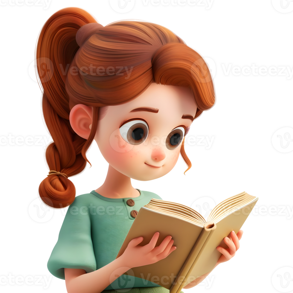 AI generated 3D Rendering of a Cartoon of Girl Sitting and Reading Book on Transparent Background - Ai Generated png