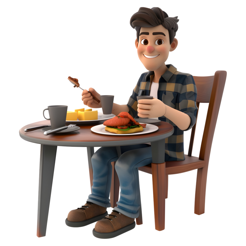 ai gerado 3d Renderização do uma desenho animado do homem sentado em mesa e comendo em transparente fundo - ai gerado png