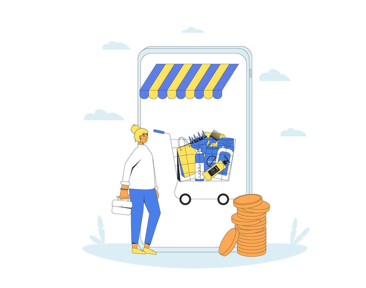 Cosmetics online store. Shopping cart with conditioners, shampoo and hair treatment on smartphone screen. vector