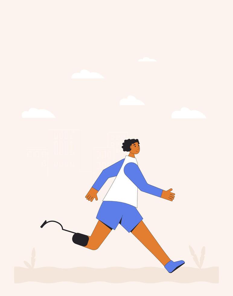 Runner with disability. Jogger. Athlete with legs prosthesis. Young man running. Sports activity. vector