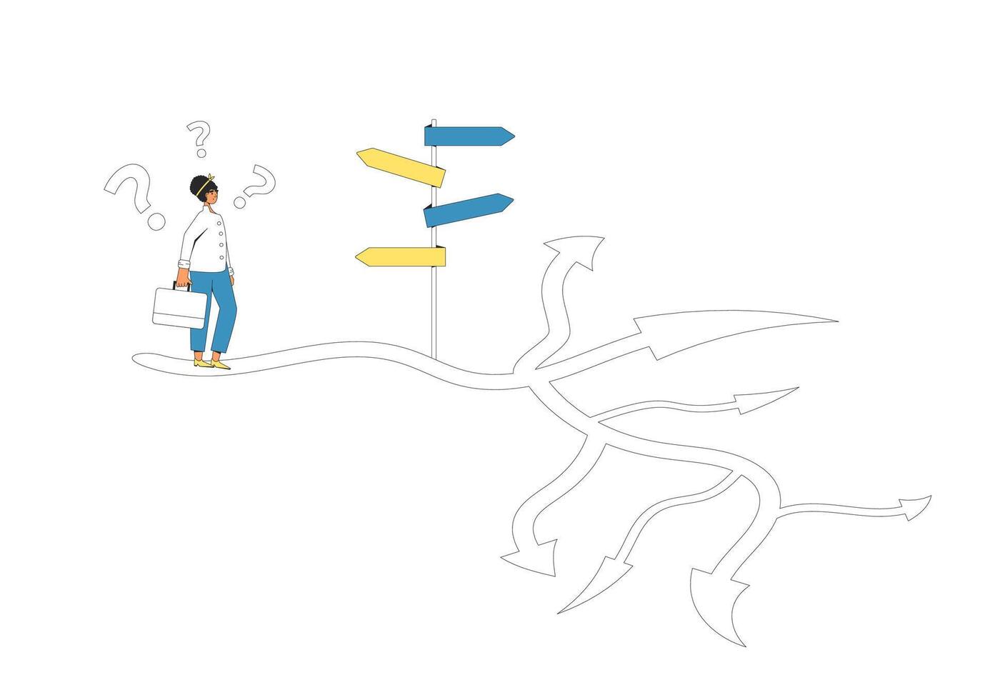Woman standing at crossroads. Decision. Choose the right way. vector