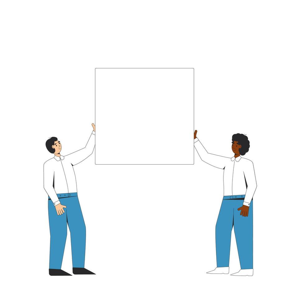 Two men holding blank banner. vector