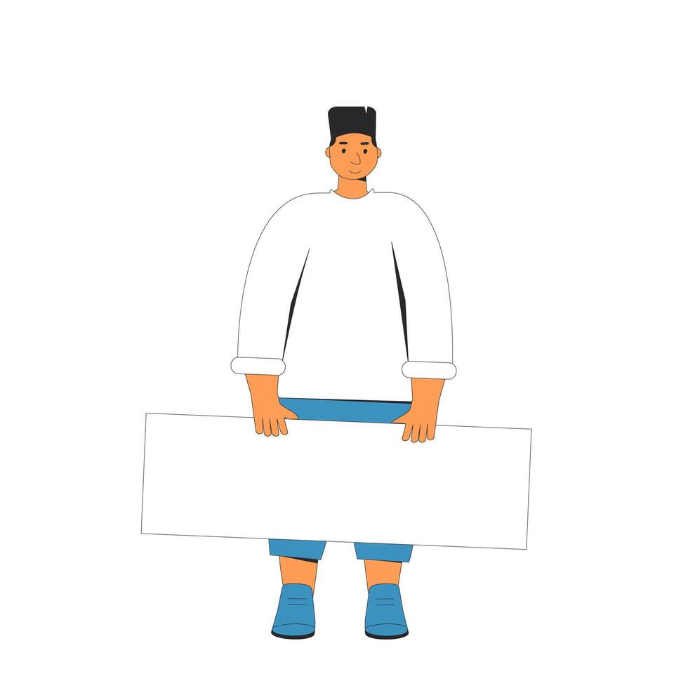 Young man holding blank banner. vector
