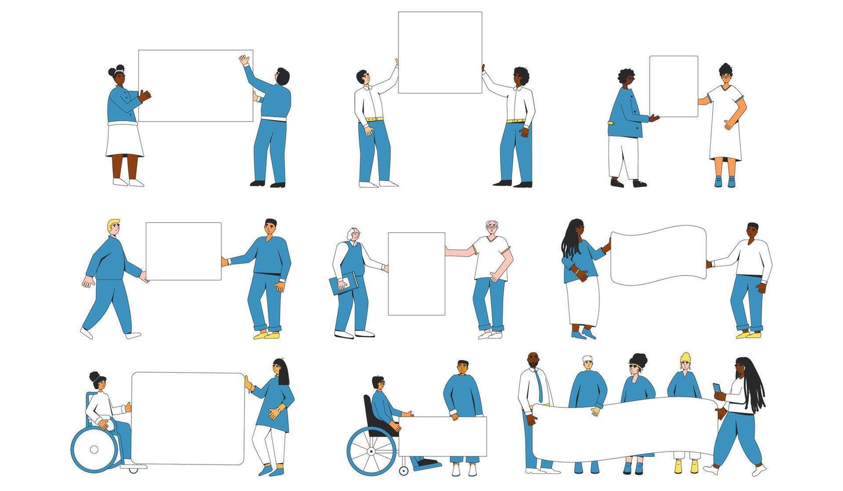 Group of people holding blank banner. vector