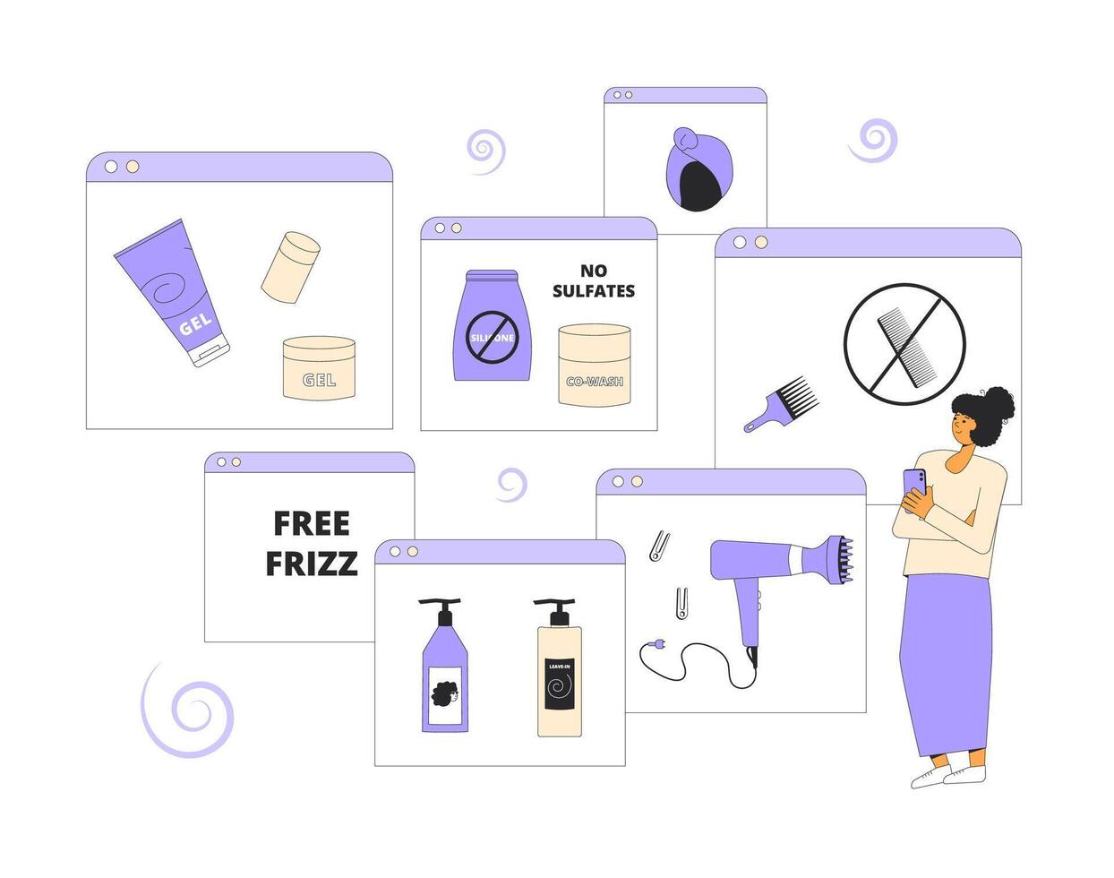 Curly girl method routine and tips. vector