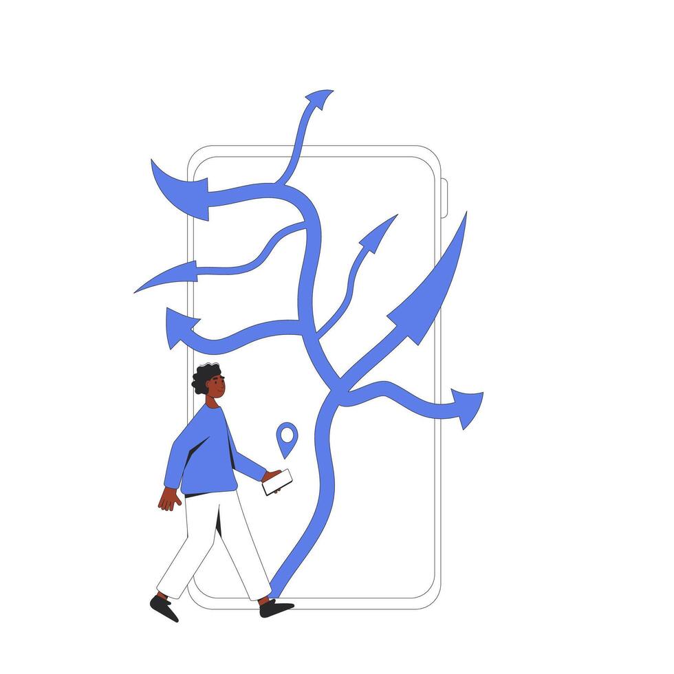 Young man standing at crossroads on phone screen. Decision. Choose the right way. vector