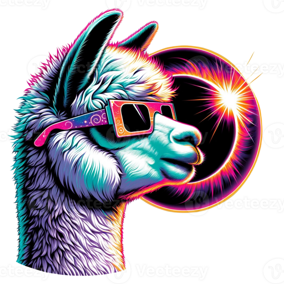 AI generated alpaca wear glasses and watch Solar Eclipse cartoon clipart. AI generate png