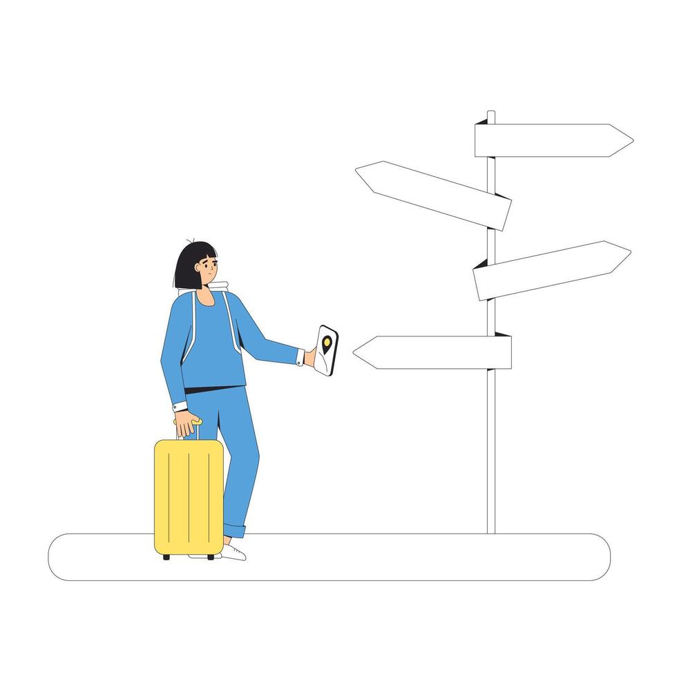 Young woman standing at crossroads with suitcase. Decision. Choose the right way. vector