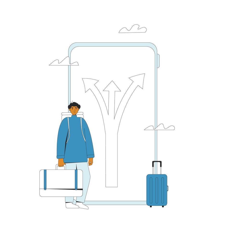 Young man standing at crossroads on phone screen. Decision. Choose the right way. vector