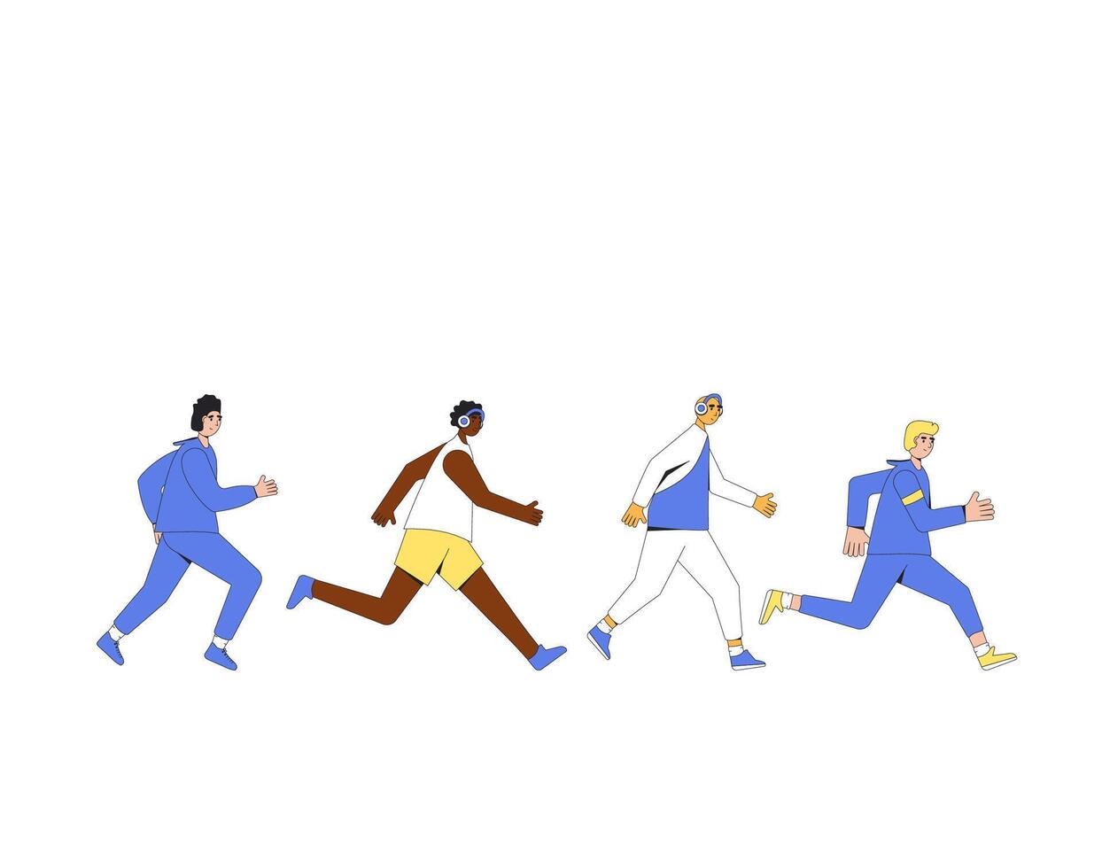 Running men team. Different runners marathon vector