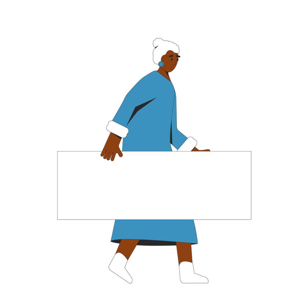 Elderly woman walking and holding blank banner in her hand. vector