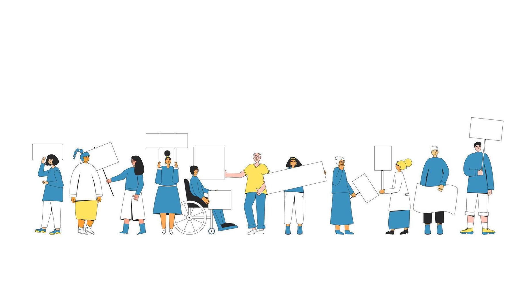 Group of people holding blank banner. vector