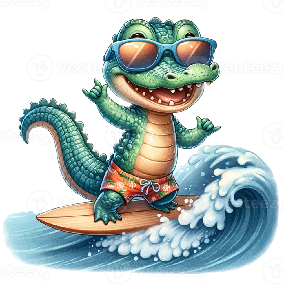 AI generated Cute crocodile surfing on the sea waves watercolor clipart .AI Generate png