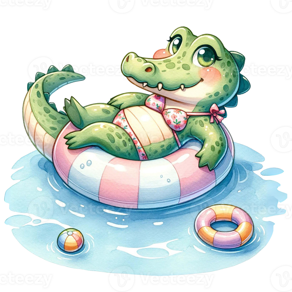 AI generated Cute crocodile wearing a bikini and floating in a swimming pool with a swim ring watercolor clipart .AI Generate png