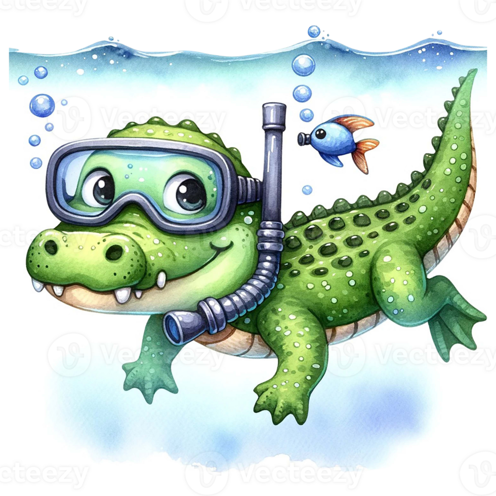 AI generated Cute crocodile scuba diving under the sea watercolor clipart .AI Generate png