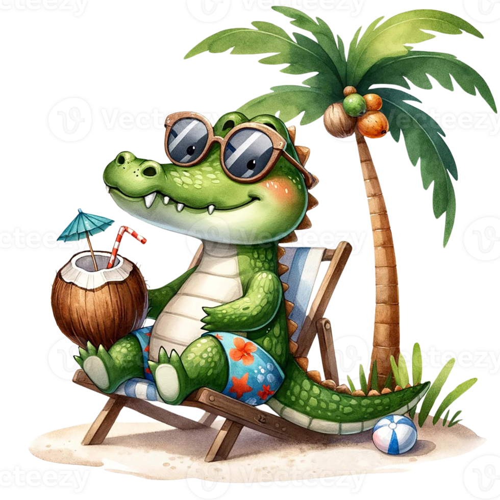 AI generated Cute sitting in a beach chair under a coconut tree, happily drinking coconut water crocodile watercolor clipart .AI Generate png