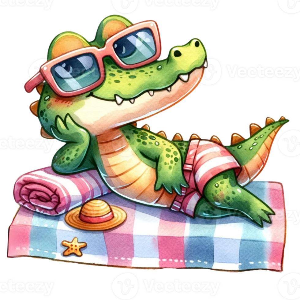 AI generated Cute crocodile sunbathing at the beach watercolor clipart .AI Generate png