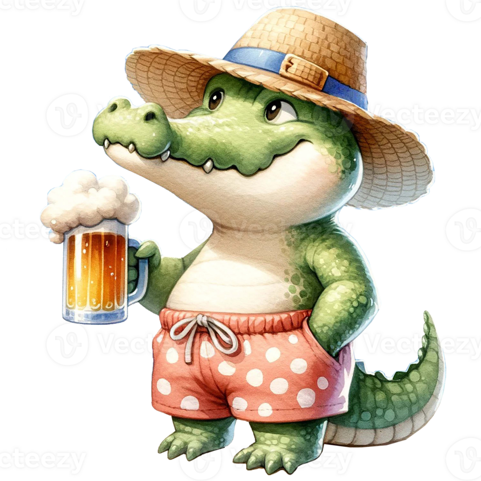 AI generated Cute crocodile sipping beer by the beach watercolor clipart .AI Generate png