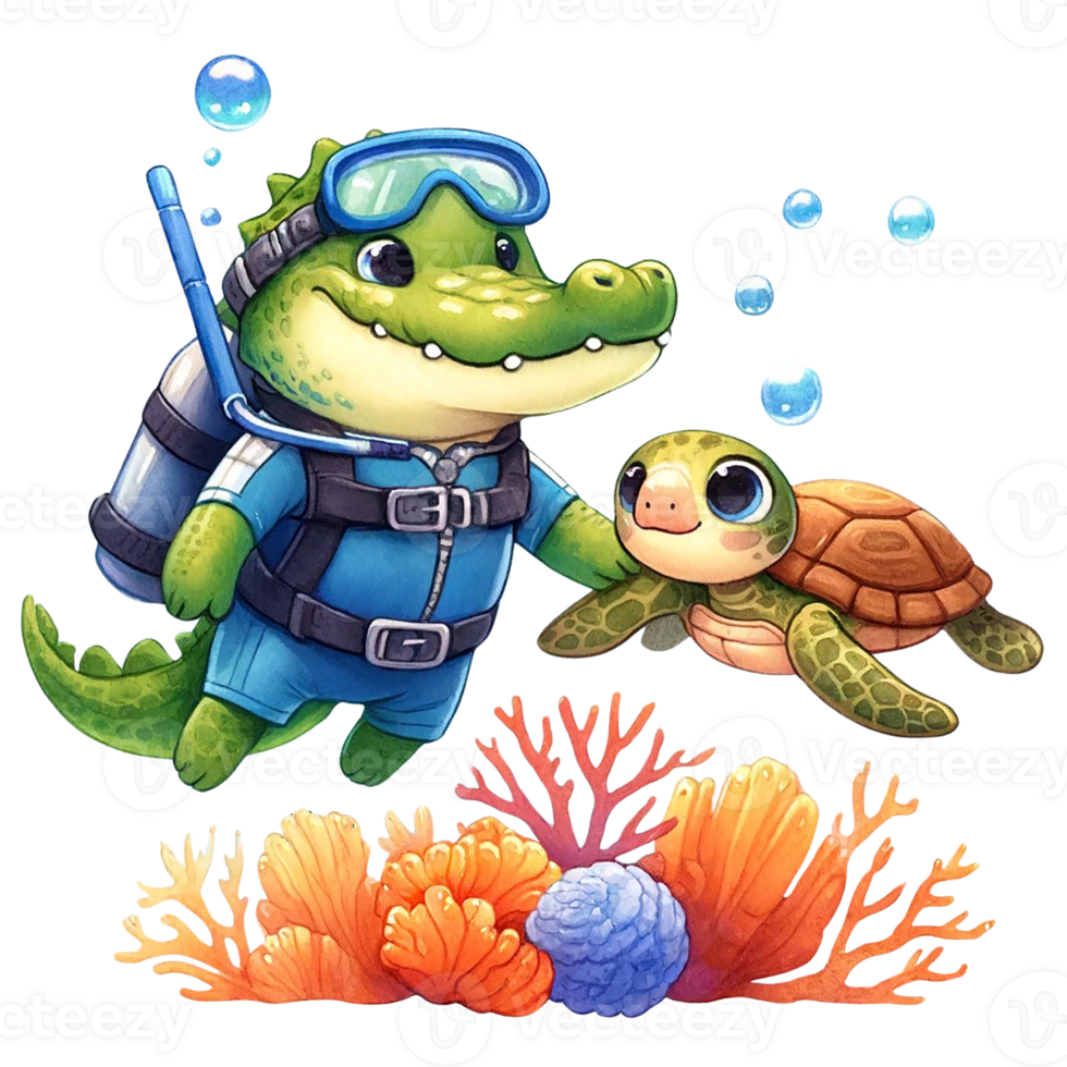 ai generado linda cocodrilo , participación manos con un mar tortuga, nadando felizmente y mirando a coral arrecifes acuarela clipart .ai generar png