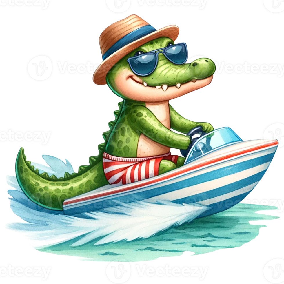 AI generated Cute crocodile driving a speedboat in the sea watercolor clipart .AI Generate png