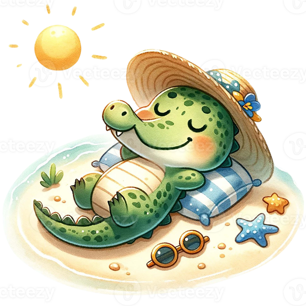AI generated Cute crocodile sunbathing at the beach watercolor clipart .AI Generate png