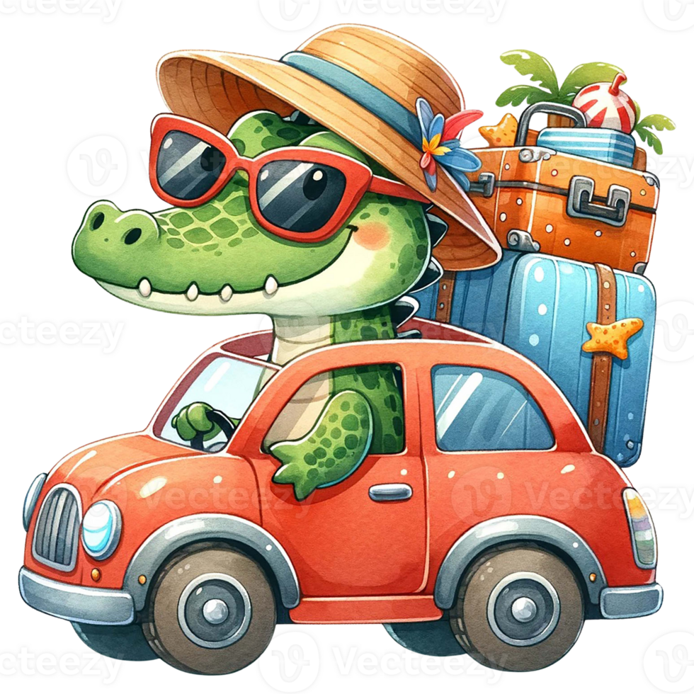 ai généré mignonne crocodile conduite une voiture emballé avec bagage pour une été vacances aventure aquarelle clipart .ai produire png