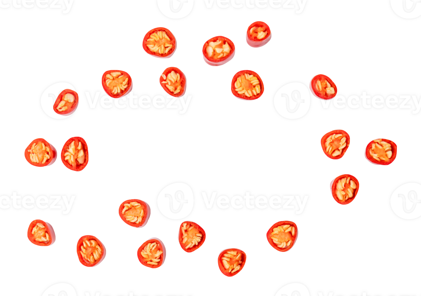 Top view set of red chili pepper in slices isolated with clipping path in png file format