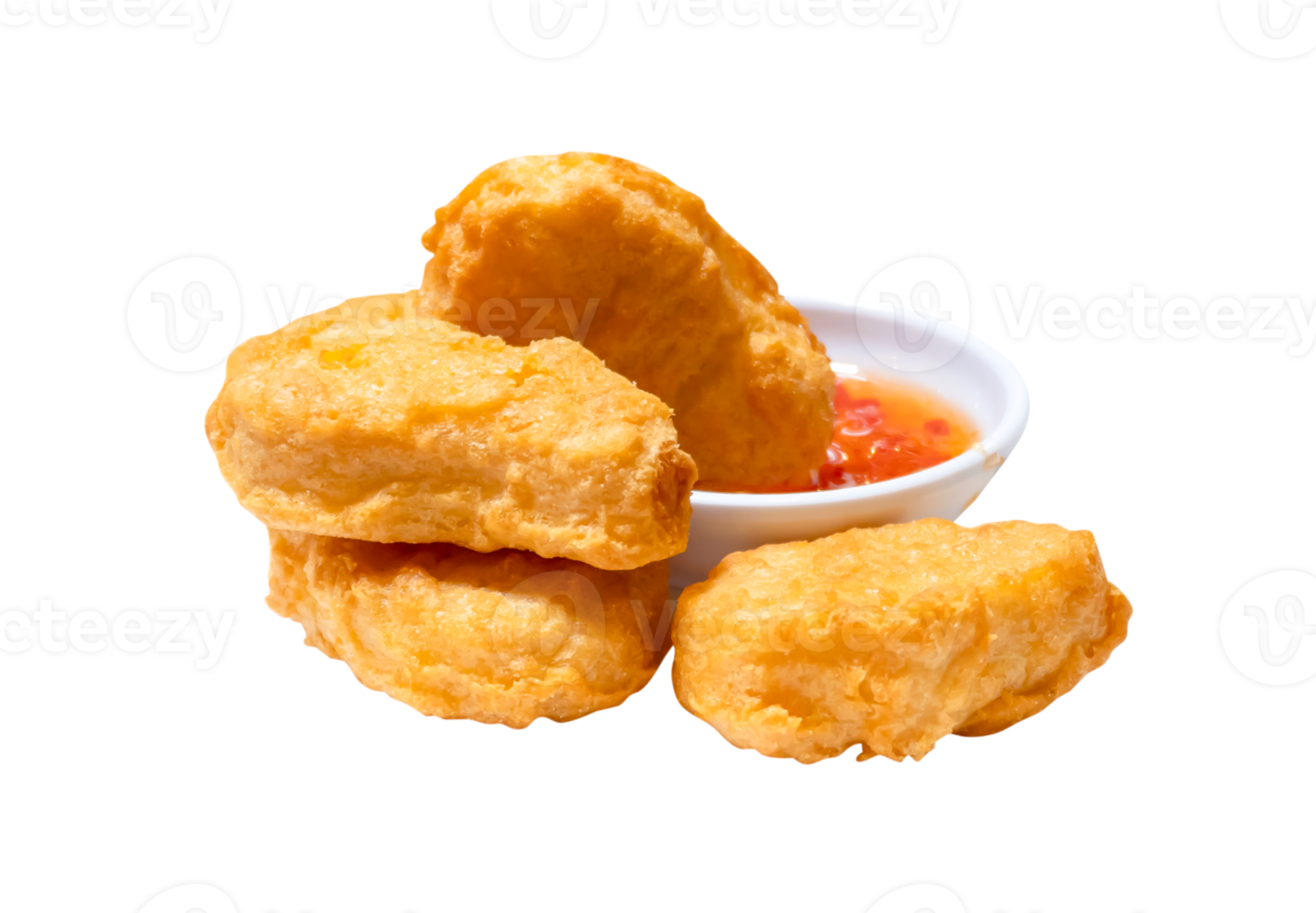 Front view of chicken nugget with chili sauce isolated with clipping path in png file format