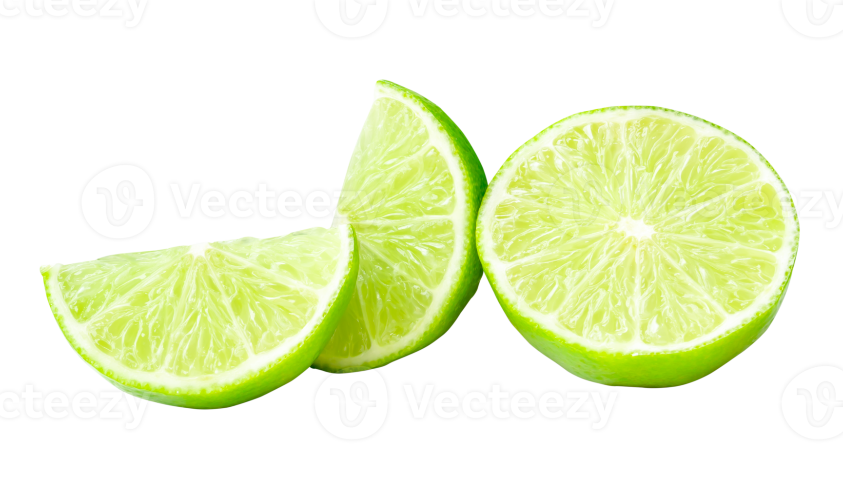 Front view of fresh green lemon half with slices or quarters isolated with clipping path in png file format
