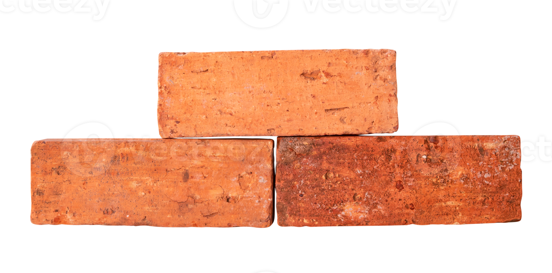 Front view of old cracked red or orange bricks in stack isolated with clipping path in png file format