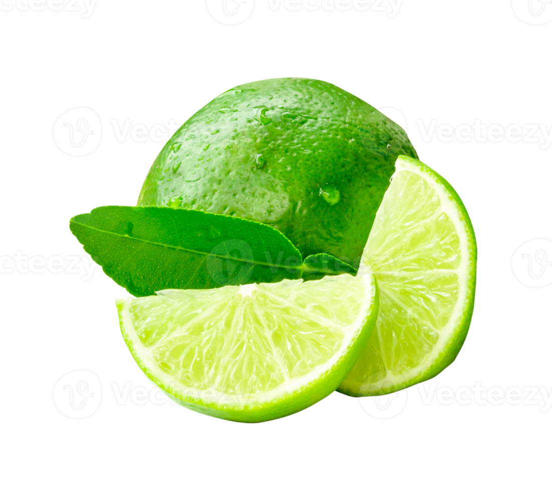 Front view of fresh green lemon fruit with slices or quarters and leaf isolated with clipping path in png file format