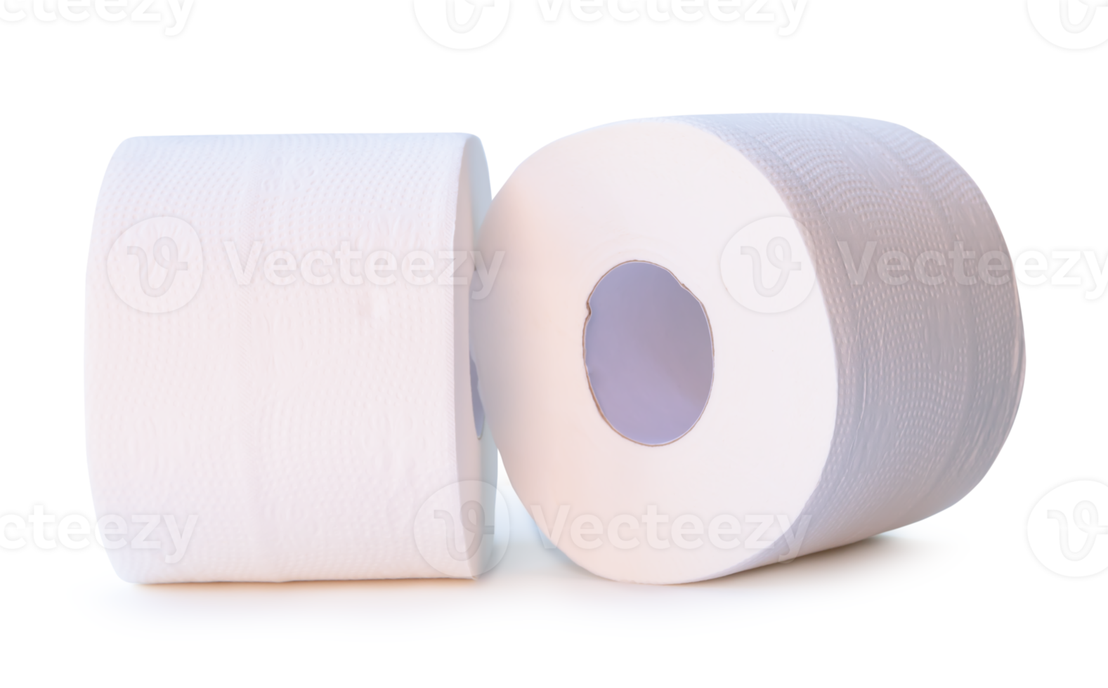 Front view of tissue paper or toilet paper rolls in stack isolated with clipping path and shadow in png file format