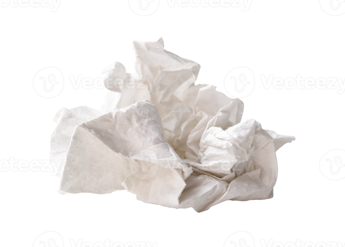 Front view of white crumpled tissue paper ball after use in toilet or restroom isolated with clipping path in png file format