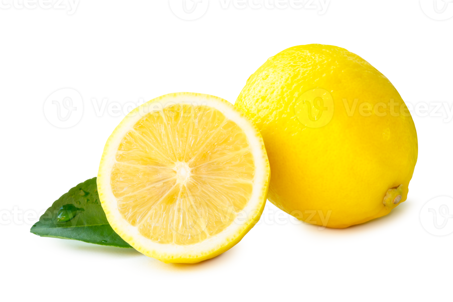 Front view of yellow lemon fruit with slice and green leaf isolated with clipping path and shadow in png file format