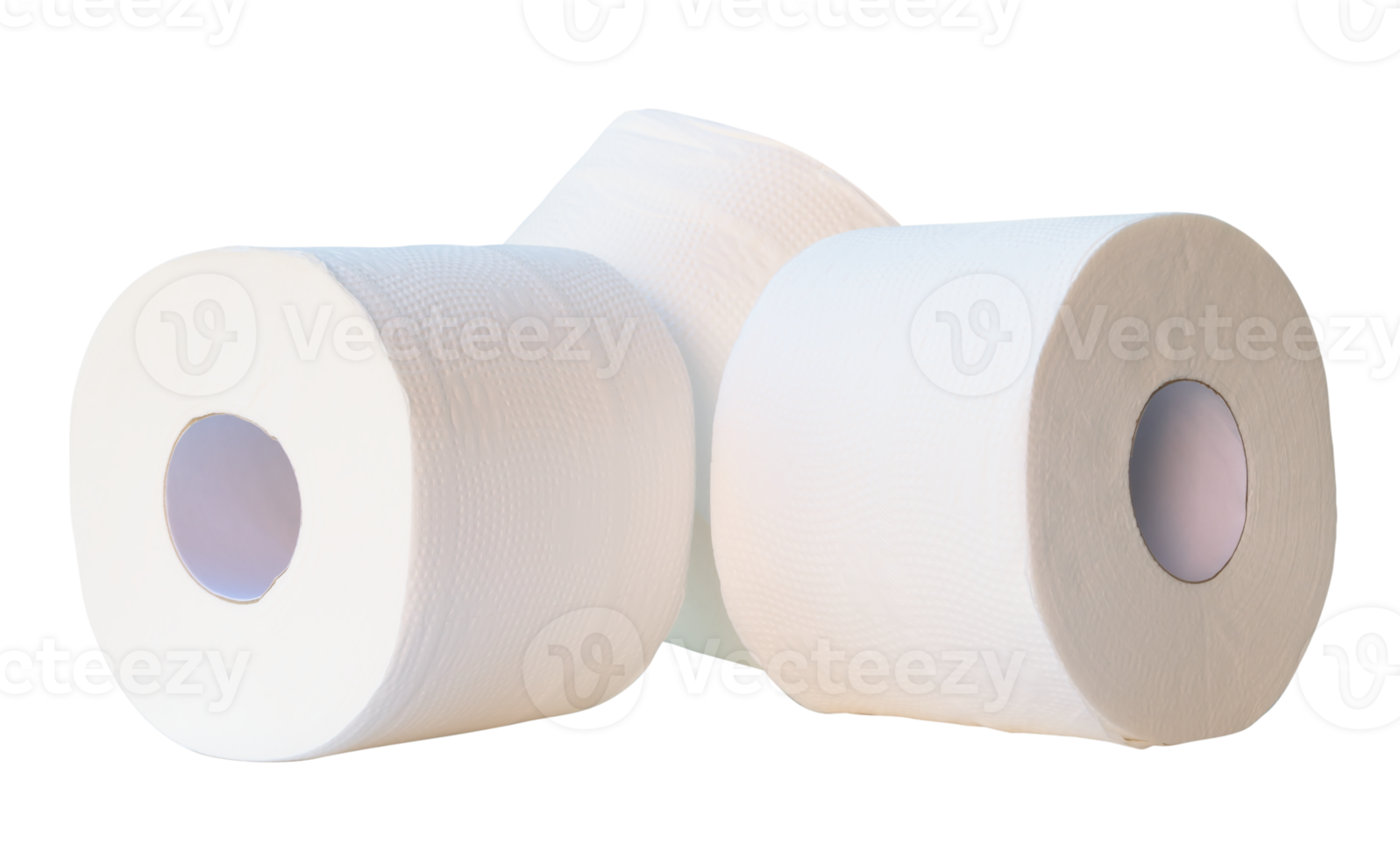 Front view of white tissue paper or toilet paper rolls in stack isolated with clipping path in png file format