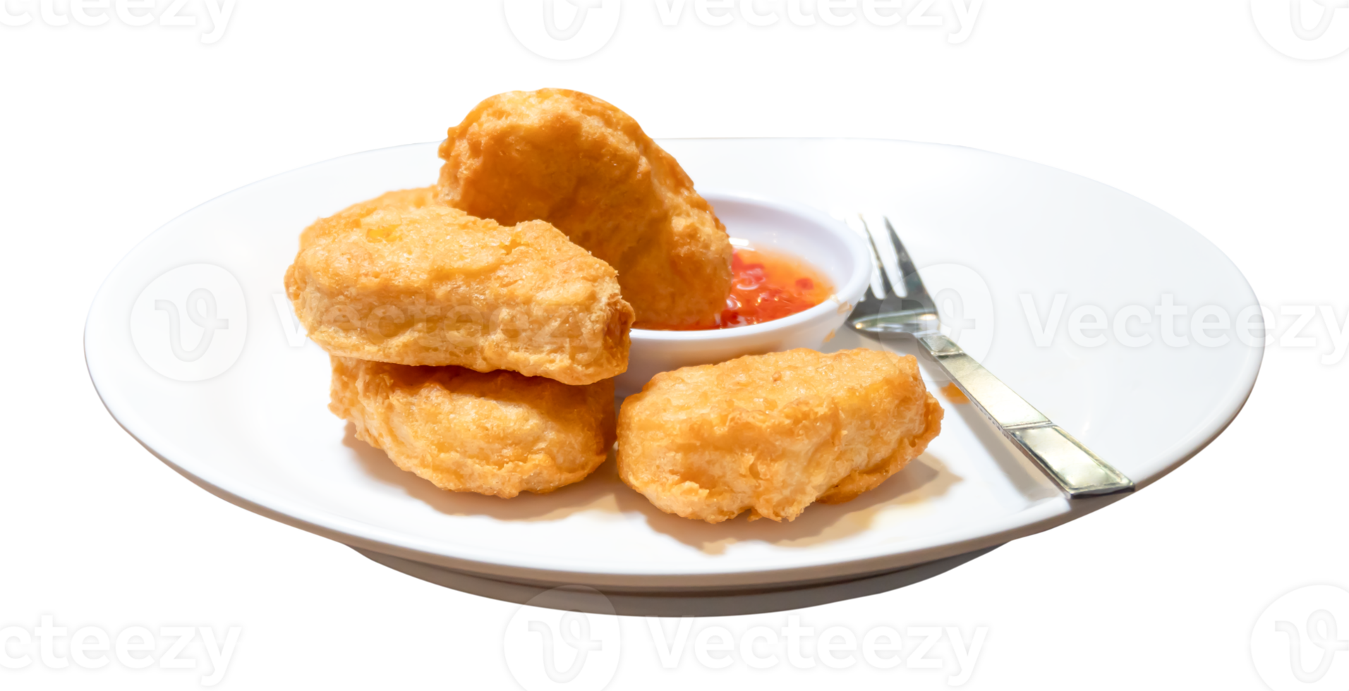 Front view of chicken nuggets with chili sauce in white plate isolated with clipping path in png file format