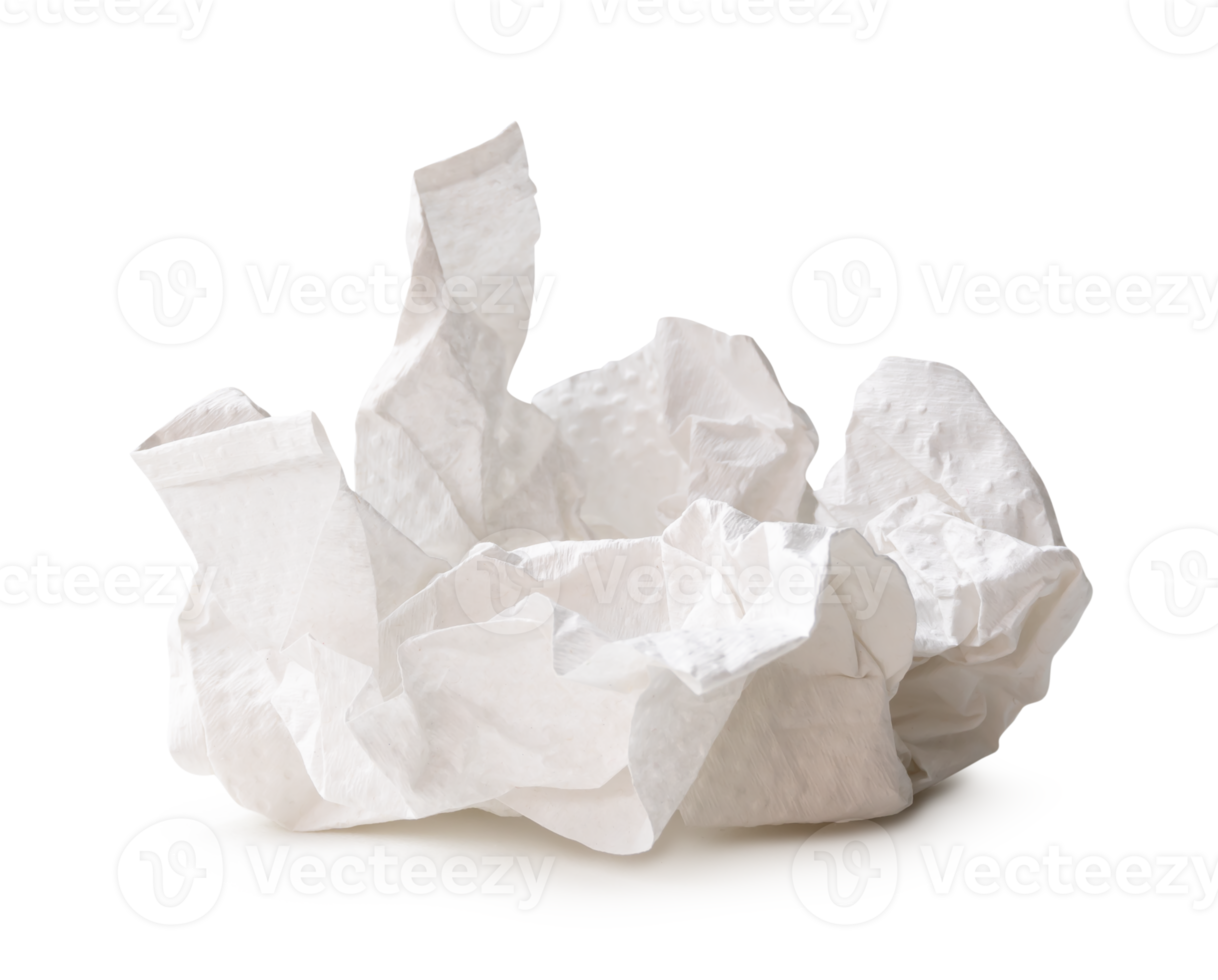 Front view of crumpled tissue paper ball after use in toilet or restroom isolated with clipping path and shadow in png file format